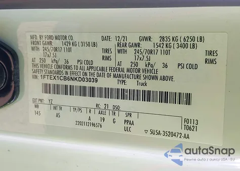 2022 Ford F-150 Xl из США, поврежденный, VIN 1FTEX1CB6NKD03039